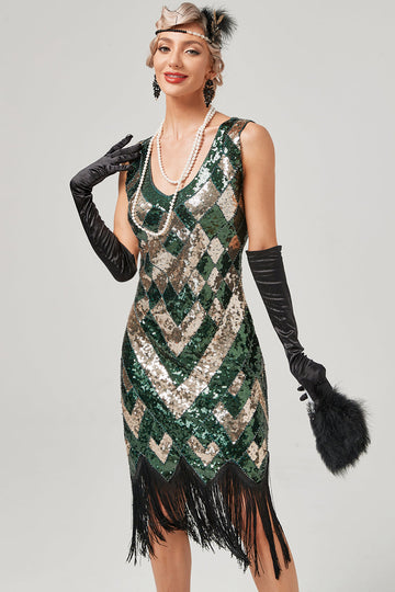 Vert Scoop Neck Sleeveless Flapper Robe à franges